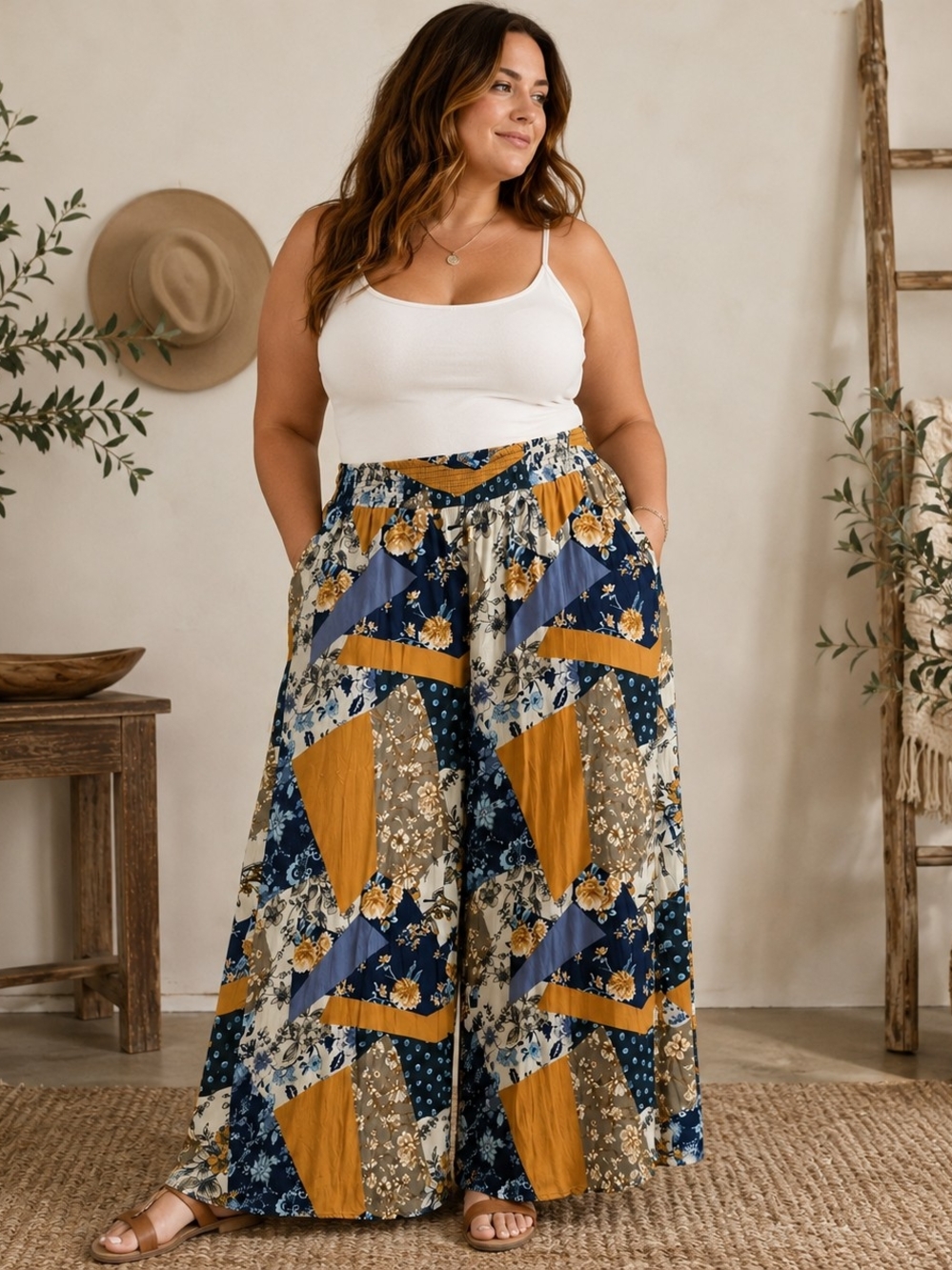 Coldwater Creek Womens Wide Leg Pull On Pants Size 3X Patchwork Boho Eclectic